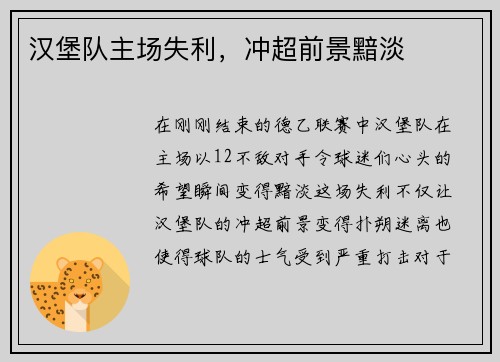 汉堡队主场失利，冲超前景黯淡