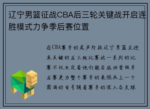 辽宁男篮征战CBA后三轮关键战开启连胜模式力争季后赛位置