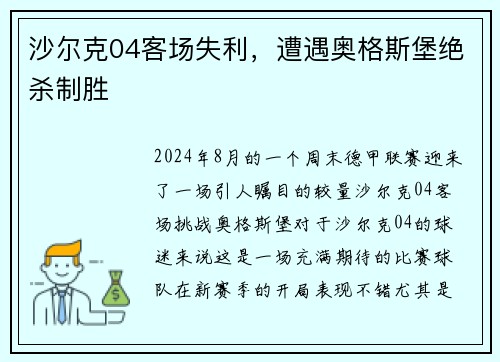 沙尔克04客场失利，遭遇奥格斯堡绝杀制胜